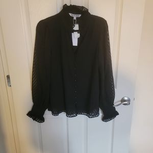 NWT Walter Baker Black MockNeck Button Down Blouse Womens Size M Sheer Shirt Top